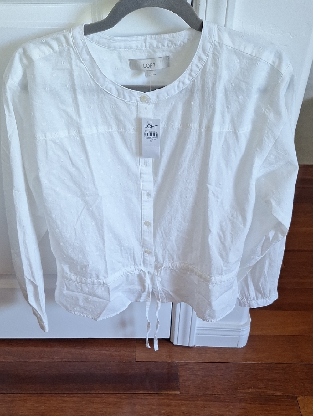 LOFT White Textured Button-Up Drawstring Shirt